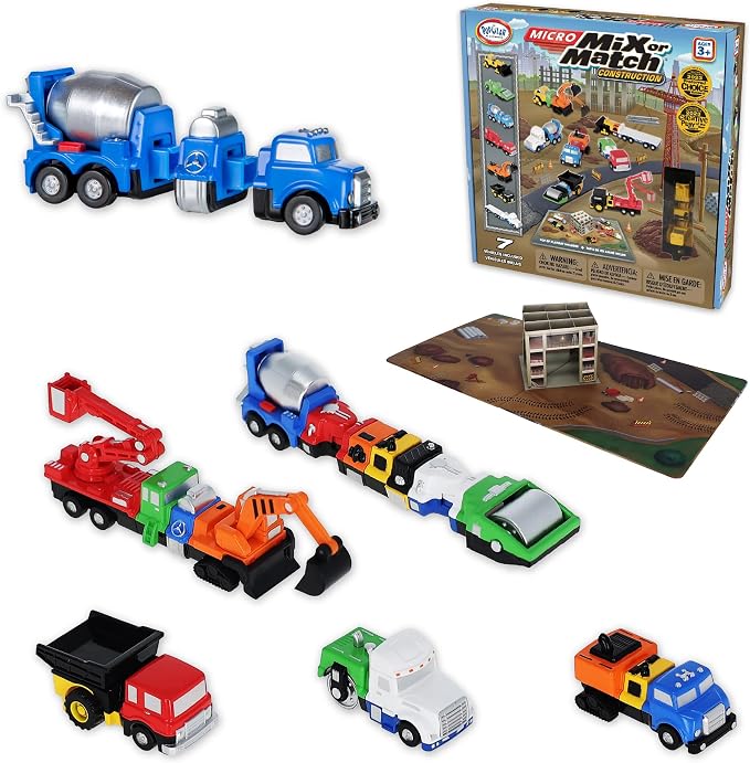 Popular Playthings Magnetic Vehicles for Toddlers 1-3, Mini Mix or Match Car Toys, Set of 7 Gift for Kids - Construction Trucks