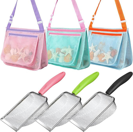 Beach Toy Set Include 3 Mesh Shovels and 3 Beach Mesh Bags,Kids Sand Sifter Colorful Mesh Bag for Shells Collecting