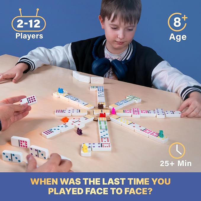 Queensell Mexican Train Dominoes Set with Jumbo Tiles – Double 12 Dominoes Set for Adults, 91 Tiles with Colorful Dots, Wooden Hub, Train & Aluminum Case