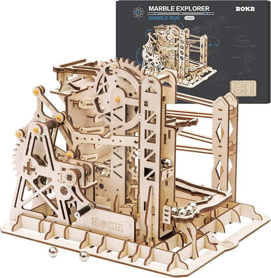 ROKR 3D Assembly Wooden Puzzle Brain Teaser Game Mechanical Gears Set Model Kit Marble Run Set Unique Craft Kits Christmas/Birthday/Valentine's Gift for Adults & Kids Age 14+(LG503-Lift Coaster)