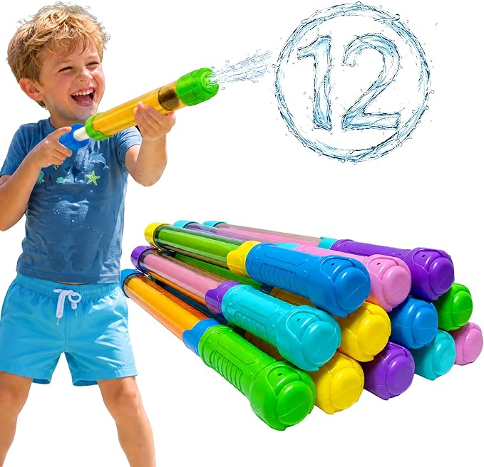 Water Gun Blasters for Kids & Adults: 12 Pack Bulk Water Squirter for Outdoor Swimming Pool Party, Backyard, Summer Beach, 12.6 Inch Water Shooter Toy Gift for Water Slide, Water Fighting Game