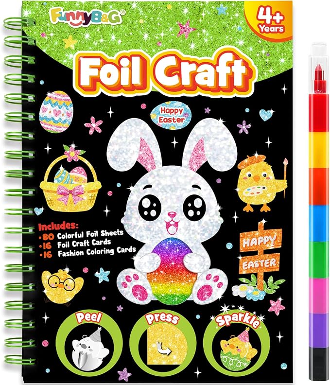 FUNNYB&G Foil Art Crafts for Kids Ages 4-8: Easter Basket Stuffers Essentials for Kids 2026, Easter Gifts for Kids, Crafts Supplies,Party Favors,Creative Toys for Kids 4 5 6 7 8 Years Old(Easter)
