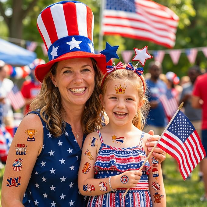 JCFIRE 4th of July Temporary Tattoos for Kids Adults, Cute Independence Day Fake Tattoos Stickers, Fourth of July Red White and Blue 4th of July Accessories for Women Girls Party Favors