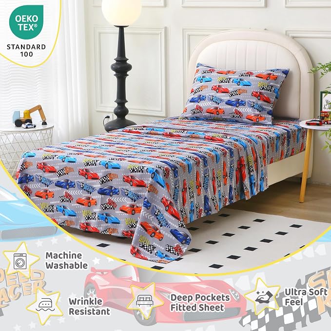 Viviland 3 Pieces Boys Race Twin Sheet Set - Soft Microfiber Fitted Flat Sheets & Pillowcase Bed Sheet Set - Grey Race Print Bedding Sets for Kids