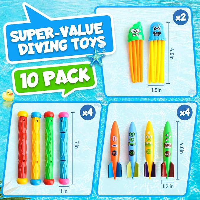 Dive Rings Pool Toys Adults, Diving Pool Toy for Kids Ages 4-8, Shark Torpedo Dive Set, Octopus Toddler Water Fun Toys, Summer Essentials Underwater Swimming Throwing Gifts for Boys & Girls