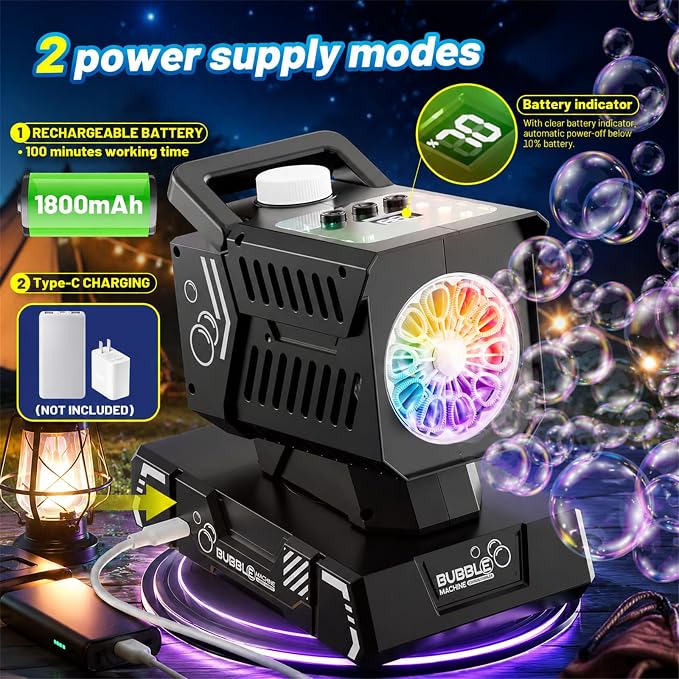 SHCKE Bubble Machine with Remote Control, Auto Rotation & 11 RGB Lights | 1800mAh Rechargeable Battery/USB-C,Top-Fill Portable Bubble Maker for Kids,Outdoor,Birthday Parties,Wedding,Camping,Pool