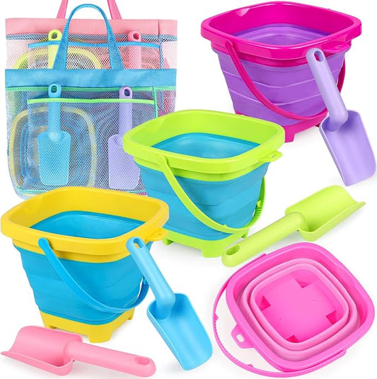 Collapsible Beach Buckets for Kids, 4 Packs Foldable Sand Buckets and Shovels with Mesh Beach Bag, Silicone Sand Pails for Toddlers Beach Toys, Easter Egg Hunt, Camping, Travelling, Fishing Water Pail