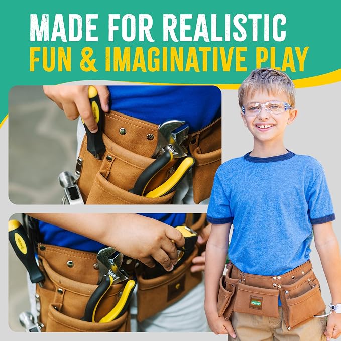SparkJump Kids Brown Tool Belt, Adjustable Tool Belt for Toddlers and Kids, Dress-Up Construction Costume for DIY Woodworking and STEM Learning