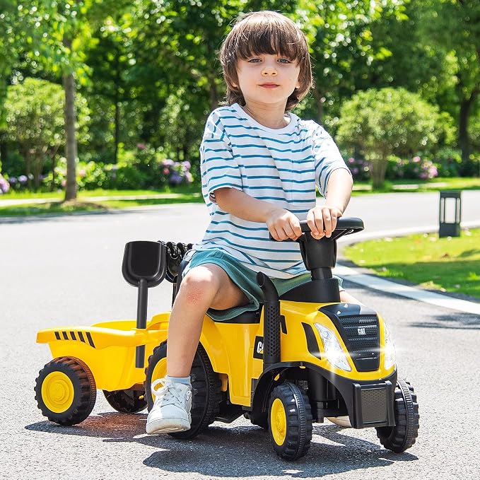 Costzon Kids Ride on Tractor, 2-in-1 Licensed Caterpillar Ride on Push Car w/Detachable Trailer, Horn, LED Lights, Rake & Shovel, Foot-to-Floor Sliding Car Gift w/No Power, Ride on Toy for Toddlers