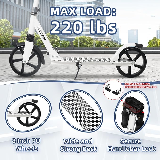 Nattork Kick Scooter for Kids 6+ Years Teens Adults - 220LB Weight Capacity, Front Shock Absorber and Adjustable Handlebar - Smooth Ride with 8" Sturdy Wheels, Ideal for Outdoor Sports