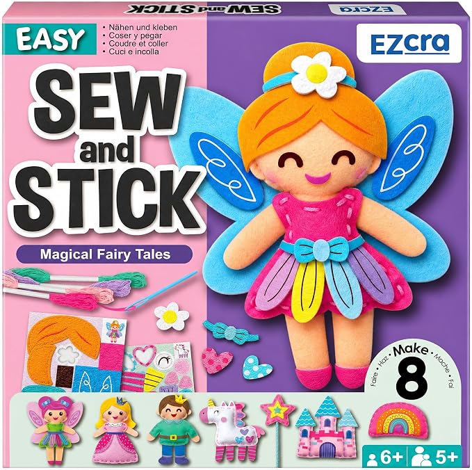 EZCRA Fairy Sewing Kit for Kids Ages 4-8 - Learn to Sew Craft Kit - 8-in-1 Beginner Sewing Projects for Girls - Gift for Kids with Full Instructions & Felt Stickers