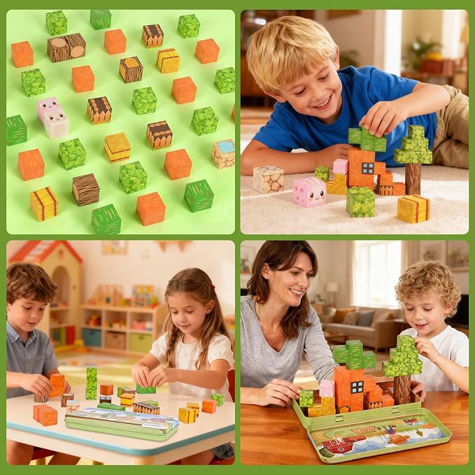 Magnetic Building Blocks Sensory Toys, Toddler Montessori Construction Stacking Toys, 35PCS Magnet Cubes for Kids, Gifts for Boys Girls, Portable Travel Toy Stem Learning Activities for Toddlers 3-8