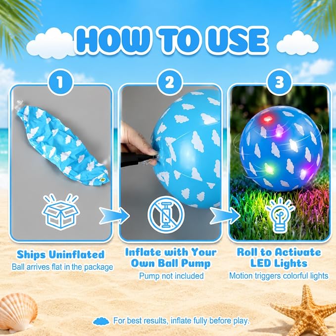 Vinsot 12 Pack Light up Inflatable Beach Ball 7.87" Blue Sky White Clouds LED Beach Balls for Kids, Motion Activated Glow in The Dark Swimming Pool Toys, Birthday Party Favors