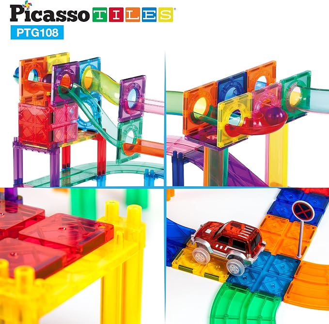 PicassoTiles 108PC Marble Run + 30PC Magnetic Race Car Track Fun & Creative Playset: STEAM Learning, Enhance Construction Skills, Hand-Eye Coordination and Fine Motor Skills, Gift for Boys and Girls