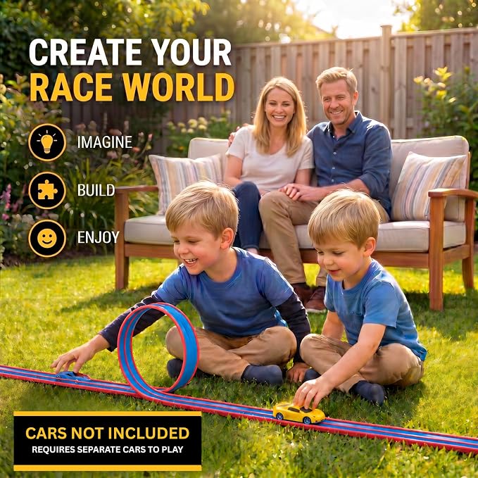 Flexible Race Track for Kids – Friendly Racing Competition, Double-Sided 1 & 2 Lane Track, Red - Blue Track, Roll-Up Design with Anchors, Build, Race & Win Fun, (No Cars Included)