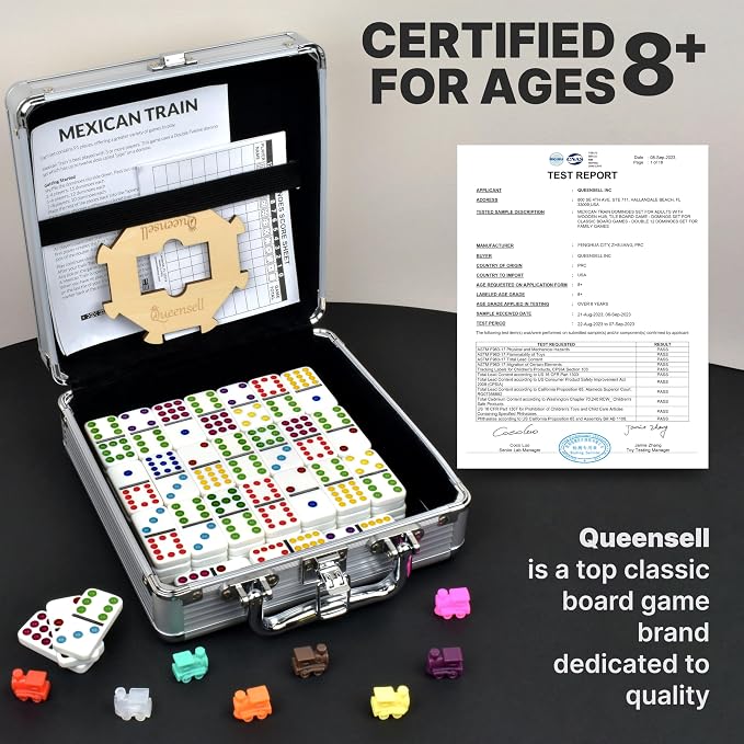 Queensell Mexican Train Dominoes Set with Wooden Hub, Domino Tile Board Games - Double 12 Dominos Set for Family Game Night for Adults and Kids Ages 8 and up (Double 12)