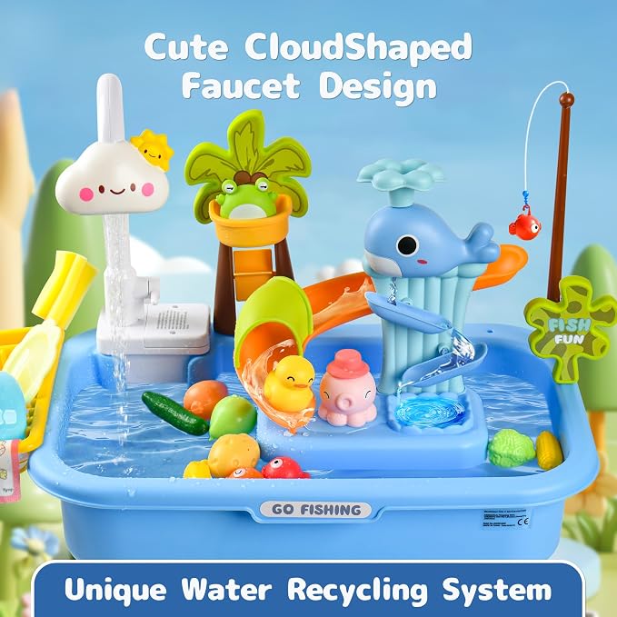 2026 Upgraded Toddler Sand Water Table Toy with Electric Water Pump, Kids Sand Water with Faucet/Play Food Accessories/Fishing Toy, Kitchen Play Sink Toys for Girl Boy Age 3+ (Blue)