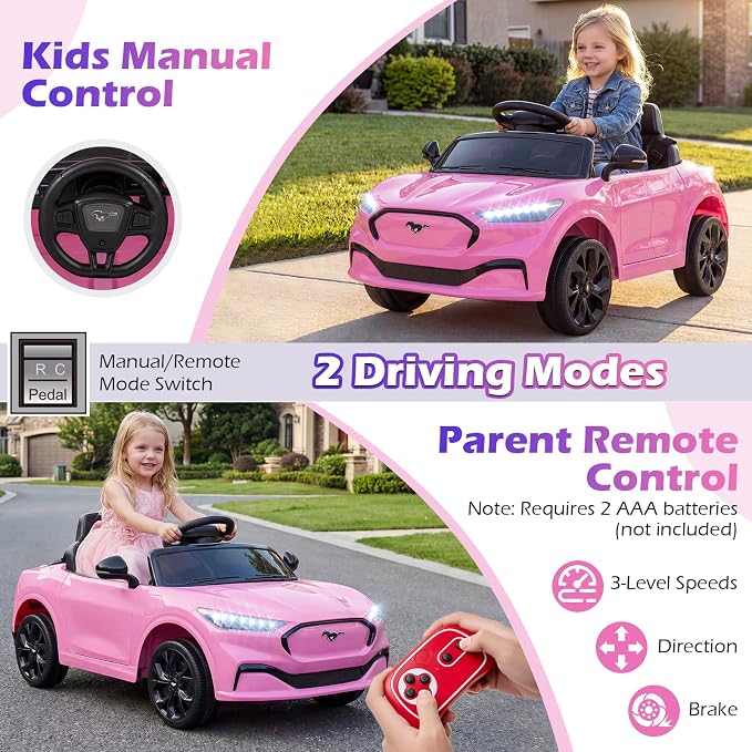 Costzon Ride on Car, 12V Licensed Ford Mach E Kids Electric Vehicle with Parent Control, LED Lights, Horn, Music, Wireless Connection & Spring Suspension, Kids Car Toy for Girls Boys (Pink)