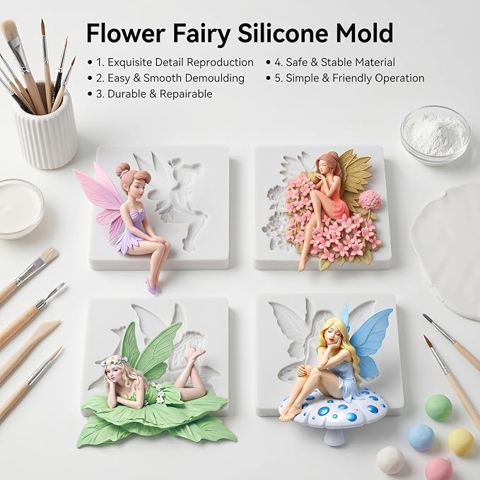 Flower Fairy Silicone Molds Butterfly Fairy Angel Polymer Clay Mold for DIY Craft Epoxy Resin Casting Air Dry Polymer Clay Jewelry Making Crafts Tools Set of 4