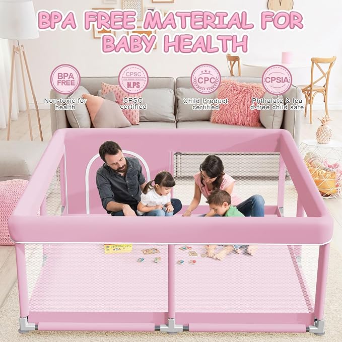 XVISHX Baby Playpen 50 x 50 Inch Play Pen Playards, Playpen for Babies and Toddlers, Baby Playard for Indoor & Outdoor Active Center Game Fence, with Skin-Friendly Fabric and Soft Breathable Mesh Pink