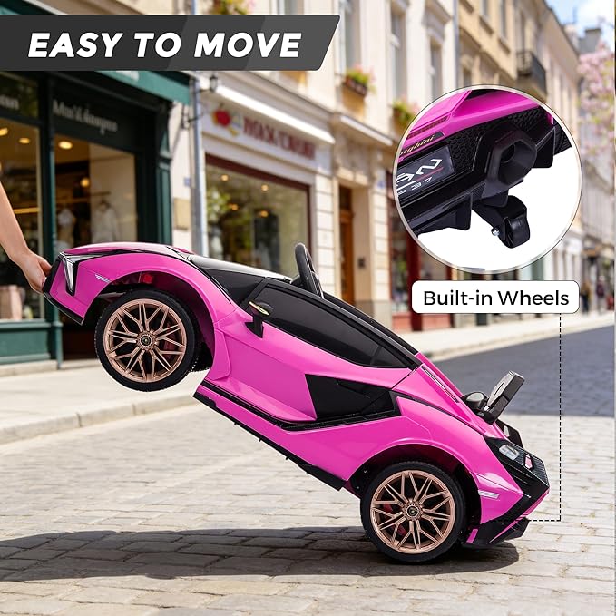 Licensed Lamborghini SIAN Kids Electric Ride On Car by TOBBI, Toddler 12V Battery Powered 4 Wheeler Driving Vehicle Toy with Remote Control/Safety Belt/Horn & LED Lights for Children Age 1-6-Pink