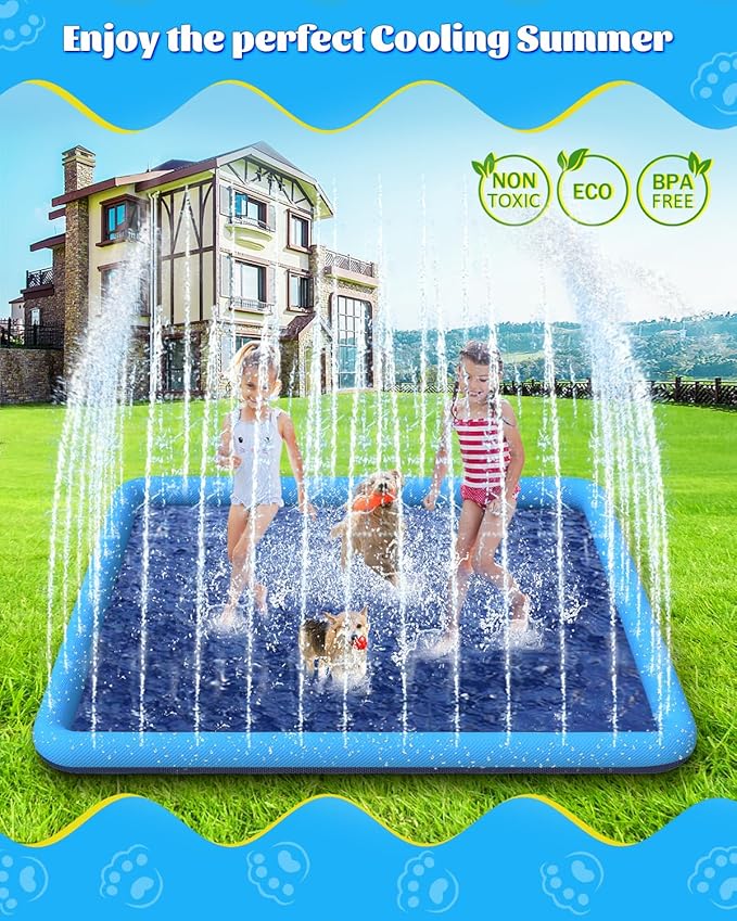 Raxurt Splash Pad, 97"- 72" Non-Slip Splash Pad for Kids and Dogs, Thickened Durable Square Dog Pool with Sprinkler Summer Outdoor Water Toys for Toddler Girls Boys Children Pet (Blue)
