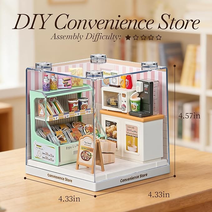 Miniature Convenience Store DIY Kit with Acrylic Display Case – Mini Market Dollhouse Scene, Tool-Free Craft Set for Teens, Adults & Beginners