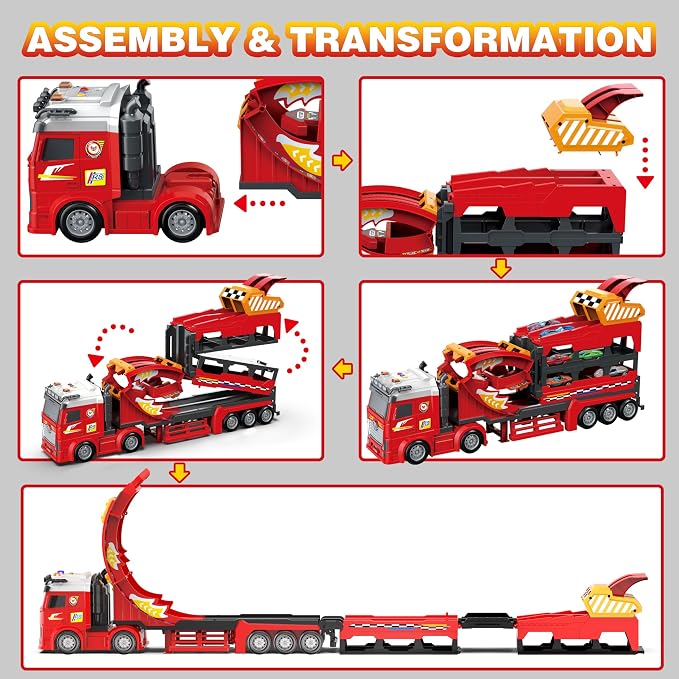 3in1 Carrier Truck with 45-Inch Foldable Race Track, Toy Trucks for Kids Ages 4-8 w/12 Metal Diecast Cars Toys, Trucks for Toddlers 2-4 Years w/Light & Sound, Kids Toys Gift for Boys & Girls Age 3+