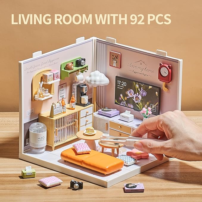Miniature Living Room DIY Kit – 92Pcs 1:24 Scale Dollhouse Furniture with LED Light, Modular Scene Connector & Realistic Details for Kids 8+ and Collectors