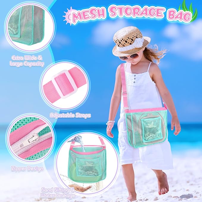 Beach Shell Collecting Set, Sand Toys with Collapsible Bucket, Shark Tooth Sifter, Sand Sifter, Mesh Bag, Outdoor Exploration Tools & Treasure Hunt Toys for Kids, Family Beach Vacation Essentials