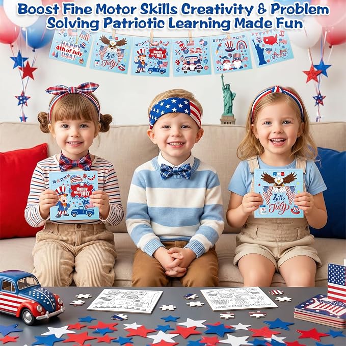 Fennoral 24 Pack 4th of July Craft Kit for Kids Color You Own Patriotic Jigsaw Puzzle with Base DIY Coloring Independence Day Art and Craft for Classroom Activity Party Favor Supplies,4.7inch