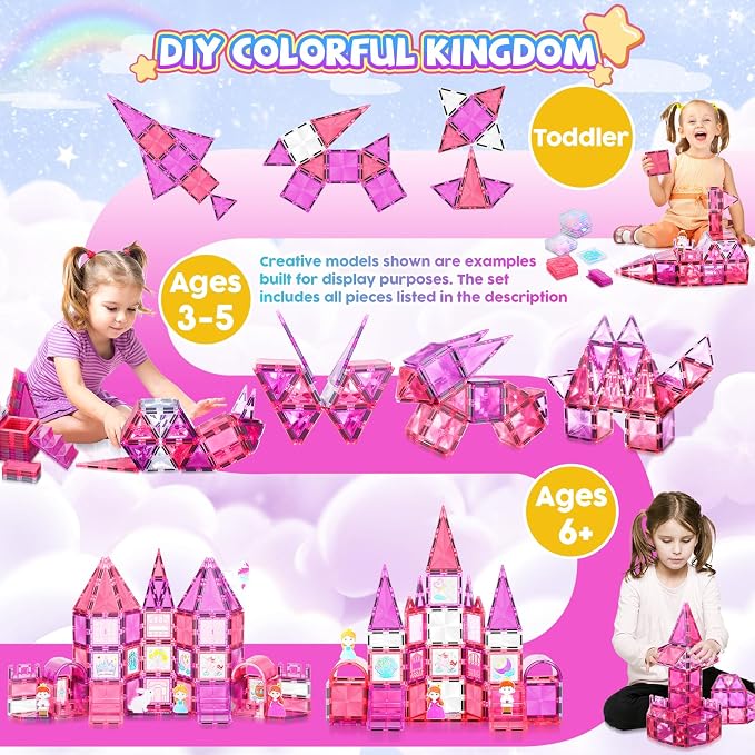 Magnetic Tiles Building Set 101pcs, STEM Toys for Girls 3-6, Princess Castle with Magnetic Car