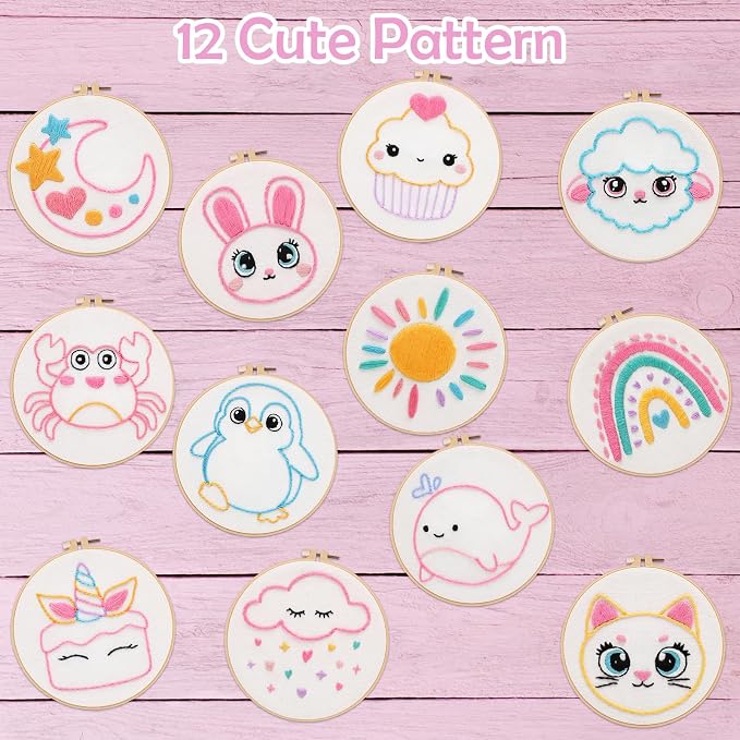 Louise Maelys Embroidery Kit for Beginners, 12 Packs Pre-Printed DIY Sewing Craft Kit,Kids Girls Cross Stitch Kit with Hoop, Threads, Needles and Scissors, Cute Animal & Cartoon Patterns