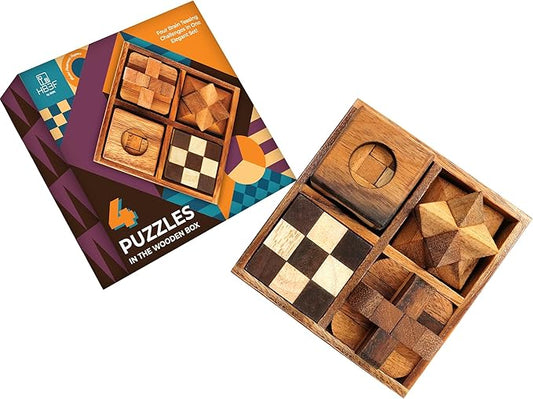 BSIRI 4 in 1 Wooden Brain Teaser Puzzles for Adults - Challenging 3D Desk Wood Puzzles Set Interlocking Hand Games for Mind Toys Suits for Rustic Patio Decor Unique Gift Office Decoration