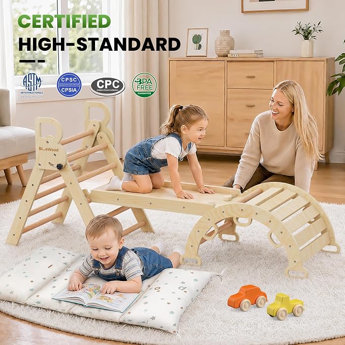 BlueWood Pikler Triangle Set with Cushion - Climbing Toys for Toddlers 9-in-1, Montessori Philosophy Play Jungle Gym with Arch, Ramp, Ladder (Natural Color)