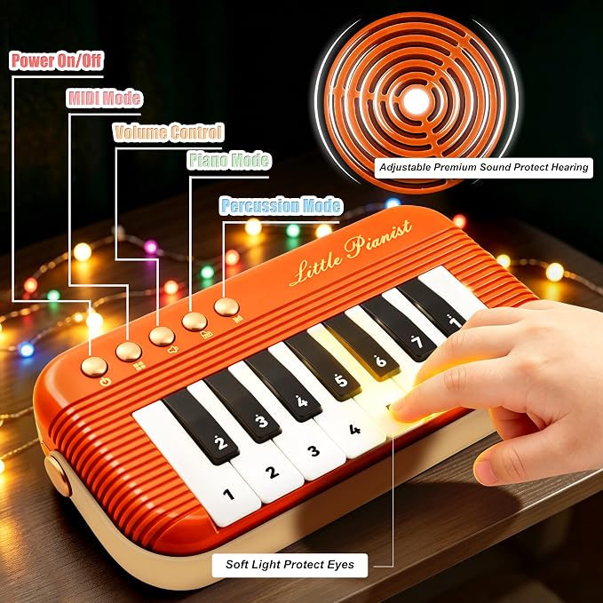 Mini Piano Keyboard for Toddlers Piano Toy Portable Pocket Piano with Light Up Musical Keyboard Electronic Instrument Learning Keyboards Toys Gifts for 3 4 5 6 Years Old Boys Girls (Orange)