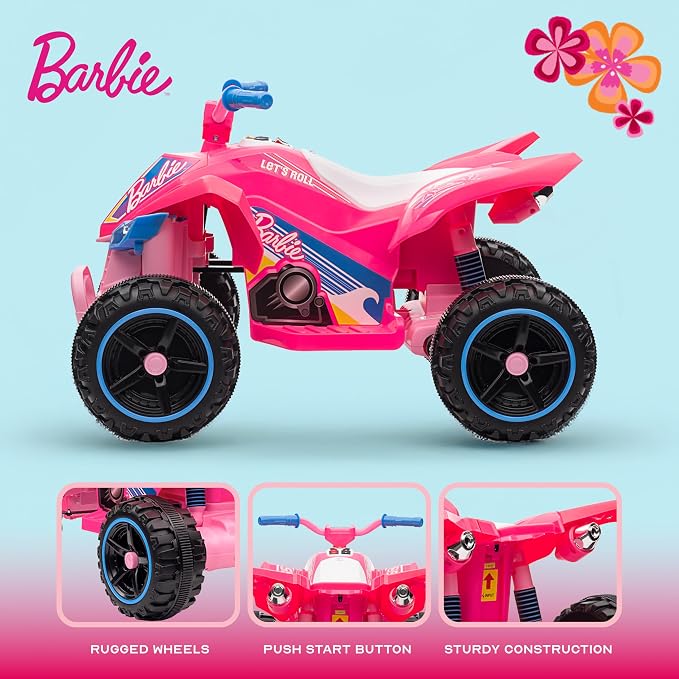Barbie - 12V ATV Ride On Toy for Kids, LED Headlights, Battery Powered