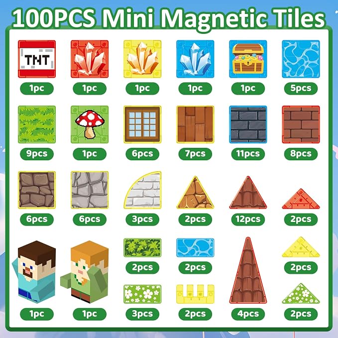 JIMI Mini Magnetic Tiles, 100pcs Building Tiles Magnetic 3D Blocks with Metal Storage Box, Portable Travel Set STEM Building Blocks for Kids Ages 3+, Educational Construction Toys for Boys Girls