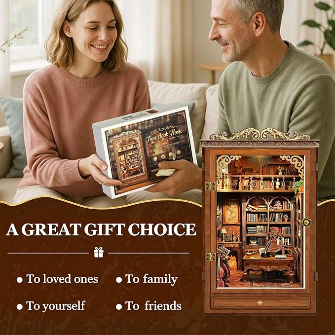 DIY Book Nook Kit for Adults and Teens,Retro Nostalgia Booknook DIY Miniature Dollhouse kit with LED Light,Mini 3D Wooden Jigsaw Bookend Decor,Gifts for Family Friends- Time Book House(SQ-47)