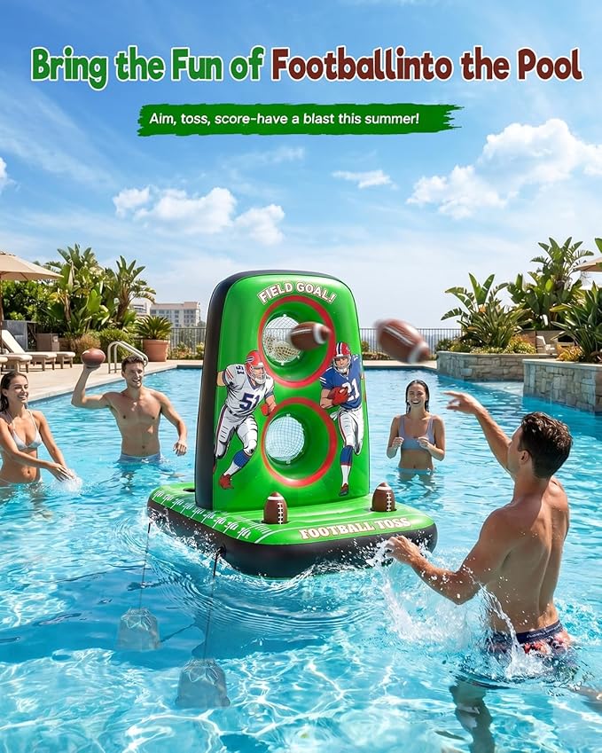 Inflatable Football Toss Game for Pool Floating Water Football Target with 4 Balls & 2 Pumps, Stable Base Outdoor Backyard & Beach Games Summer Pool Party Game for Kids, Teen & Adults