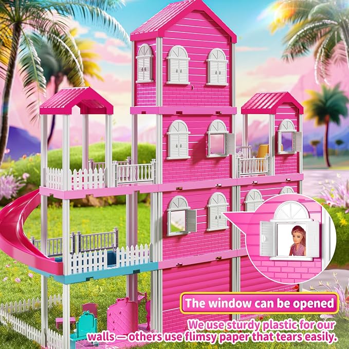 JUKUDAHU Pink Villa Playset for Girls Ages 3-7, 4-Story 10-Room House with 2 Dolls, Furniture & Accessories, Pretend Play Toddler Toy, Birthday Gifts for Kids 3-8