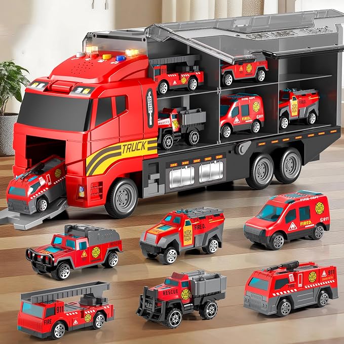 Toddler Boys Fire Truck Set: Fire Car Toy for Boy 3 4 5 6 Years Old | with Play Mat and Die-Cast Toy Car | Birthday Gifts Toys for 3-8 Year Old Boys | Girl Toys Cars with Light and Sound