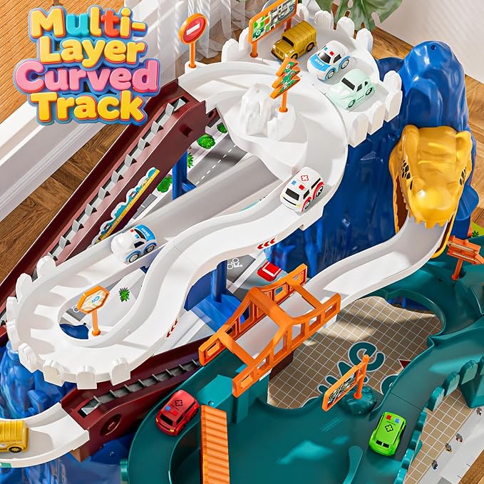 Dinosaur Car Race Track Set with 10 Racer Cars & Large Play Mat - 168 Pcs Dinosaur Toy Race Track for Boys 3-5 5-7, Flexible Train Track Construction Playset, Birthday Gifts for Kids Girls Age 3+