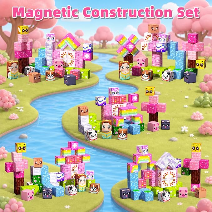 Magnetic Blocks, 48PCS Magnetic Building Cube Set for Kids Ages 3+, Constructions STEM Stacking Tiles Toy Building Birthday Gifts for Girls