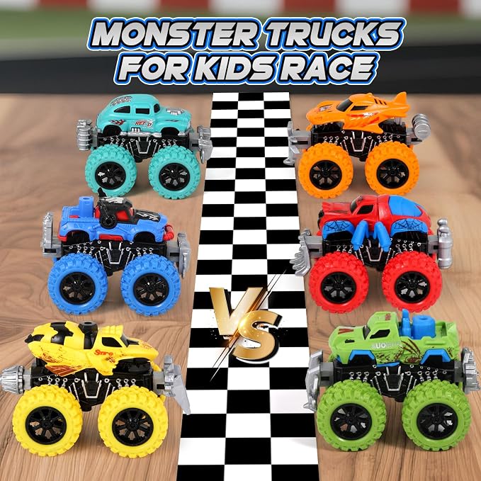 Monster Truck Toys for Kids, 6 Pack Friction Powered Push and Go Cars, Great Christmas Birthday Party Gifts for Boys Girls Age 3-5 4-7