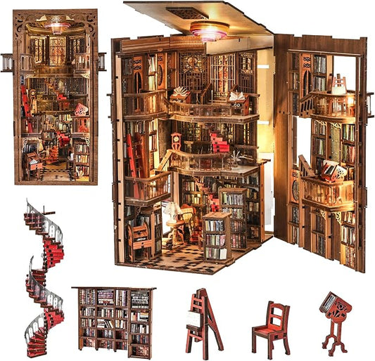 CCCDF Book Nook Kit, DIY Miniature Dollhouse Library Booknook Kit for Adults and Teens, Tiny House Bookshelf Decor with LED Light, Gifts for Family and Friends (Abbey Library)