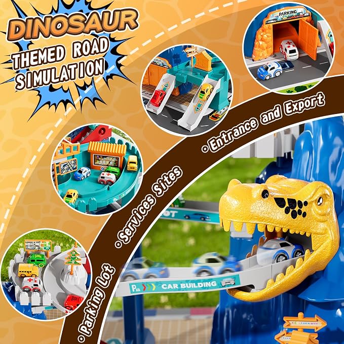 MSKOLER Dinosaur Race Car Tracks for Toddlers 3-4 Years, Dinosaur Climbing Hills Railcar, Toy Car Track Play Set with 7 Small Race Cars, Preschool Birthday Gifts for 3 4 5 6 7 8 Year Old Boys Girls