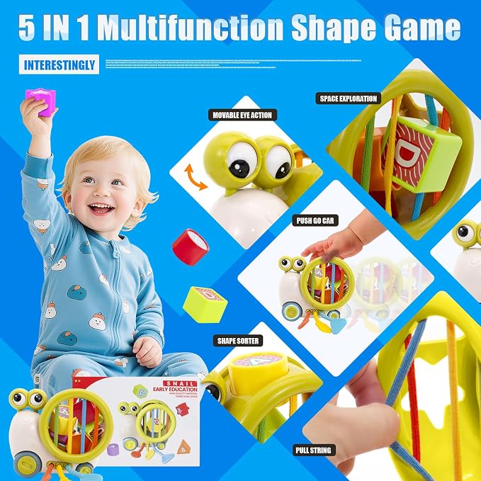 BYFWH Shape Sorter for Toddler 1-3, Montessori Baby Sorting Blocks, Sensory Toddler Learning Toy for Fine Motor Skills, Infant Developmental Snail Push-to-go Car Toys for Boys Girls Ages 18+ Months
