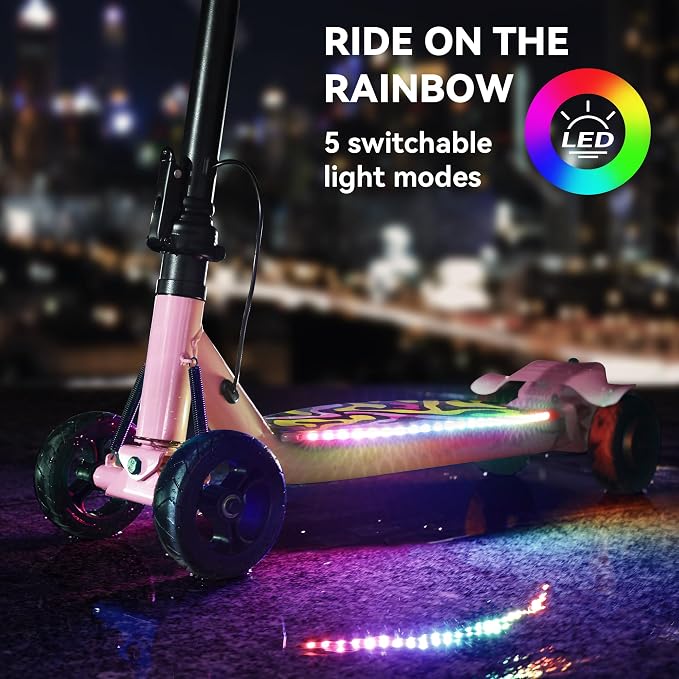 4-Wheel Electric Scooter for Kids w/ 250W Motor, Max 10 MPH & 8.5 Miles, Foldable E-Scooter for Kids with Rainbow Lights, LED Display, 5 Speeds & Adjustable Balance, UL-2272 Certified