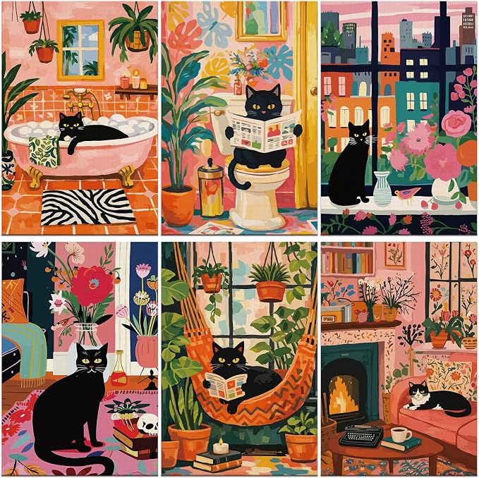 FLUXOJOY 6 Pack Painting by Number Kits for Adult, DIY Canvas Color Painting Kit for Kids or Beginner with Paint Brushes Acrylic Pigment Drawing Paintwork 20x30cm Without Frame (Cat-6 Pack)